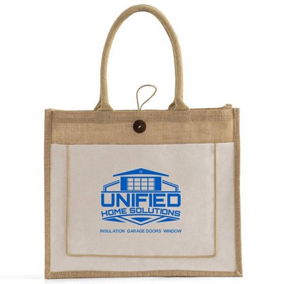 Button-Closure Jute Tote w/ Cotton Pocket